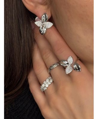 Sterling Cubic Zirconia Pave Abstract Flower Drop Earrings,