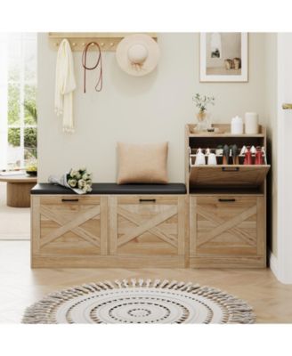 Shoe Storage Bench with 4 Flip Drawers and Padded Seat for Entryway