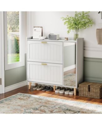 Wooden Shoe Cabinet with Mirror, 2 Flip Drawers and Side Storage, Entryway Organizer