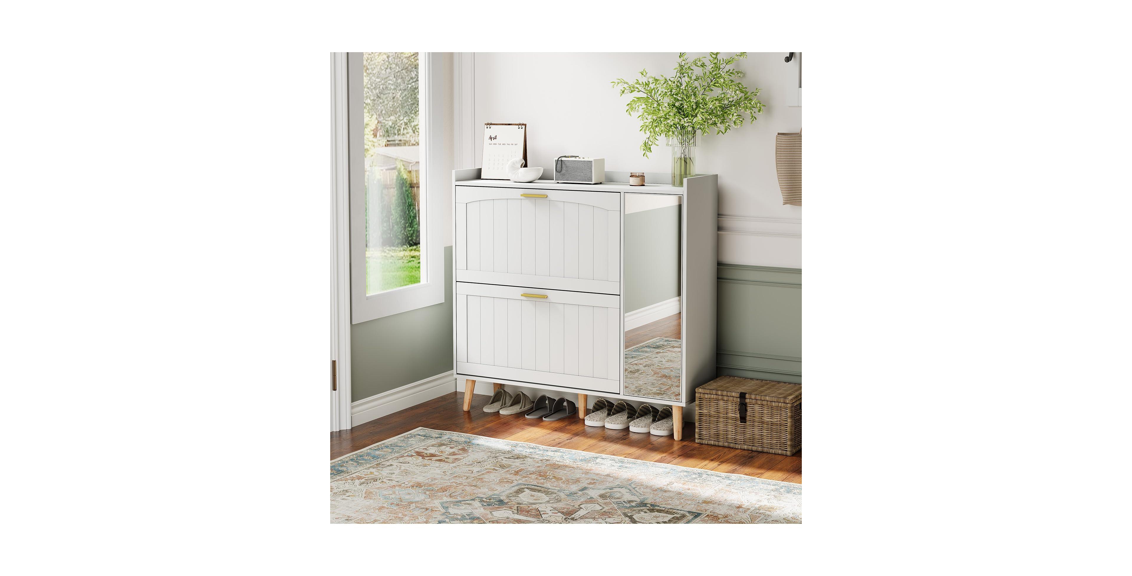homfan Wooden Shoe Cabinet with Mirror, 2 Flip Drawers and Side Storage, Entryway Organizer