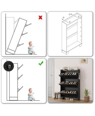 Slim Shoe Cabinet with 2 Flip Drawers and Side Hooks, Deep Entryway Storage