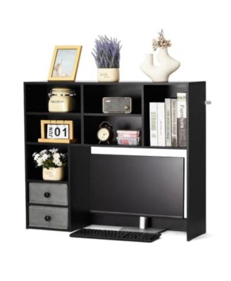 3-Tier Wood Desktop Bookshelf Storage Organizer with Fabric Drawers for Office