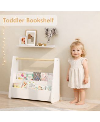 Kids Bookshelf with Wooden Handle, 2-Tier Front-Facing Toddler Bookcase, Portable Book Storage Organizer for Nursery, Playroom