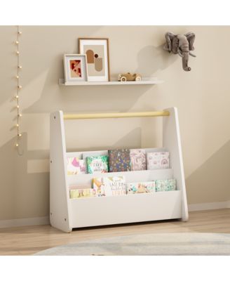 Kids Bookshelf with Wooden Handle, 2-Tier Front-Facing Toddler Bookcase, Portable Book Storage Organizer for Nursery, Playroom