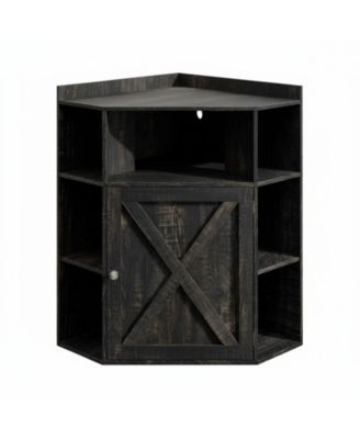Industrial Corner Storage Shelf with Charging Station 6-Cubby Wooden Organizer for Small Spaces