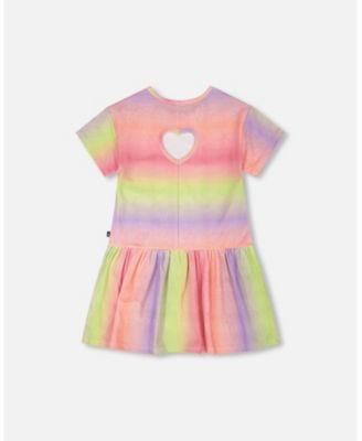 Little Girls Printed Jersey Dress with Heart Back Cut Out Multicolor