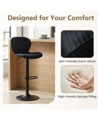 Adjustable Height Velvet Swivel Bar Stool Set of 2 with Upholstered Backrest