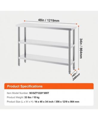 Stainless Steel Food Prep Table 14 x 48 x 34 in with Adjustable Undershelf for Kitchen