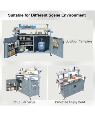 53.3inch Outdoor Kitchen Island with Raised Shelf, Solid Wood Storage Cabinet, Rolling Grill Cart with Rack, Adjustable Shelf and Spice Rack