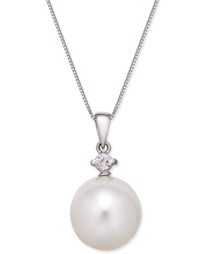 image of Cultured White South Sea Pearl (12mm) and Diamond (1/10 ct. t.w.) Pendant Necklace in 14k White Gold