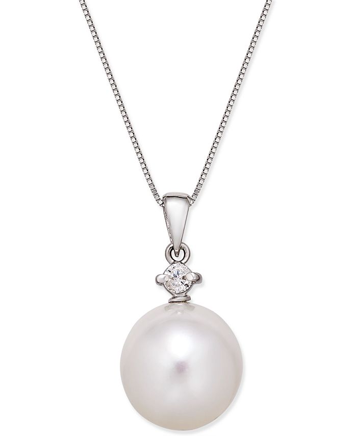 Macy's - Cultured White South Sea Pearl (12mm) and Diamond (1/10 ct. t.w.) Pendant Necklace