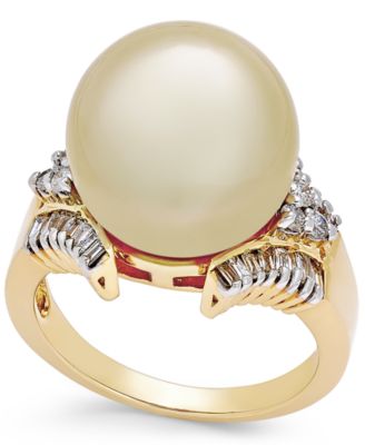 Macy's - Cultured Golden South Sea Pearl (13mm) and Diamond (1/2 ct. t.w.) Statement Ring in 14k Gold
