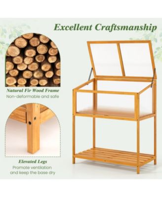 Wood Cold Frame Greenhouse with Transparent Openable Roof and Slatted Storage Shelf