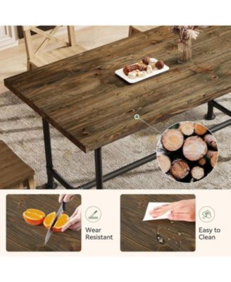 63-Inch Solid Wood Dining Table for 4-6, Industrial Large Kitchen Table with Metal Footrest, Rectangular Wooden Dinner Table