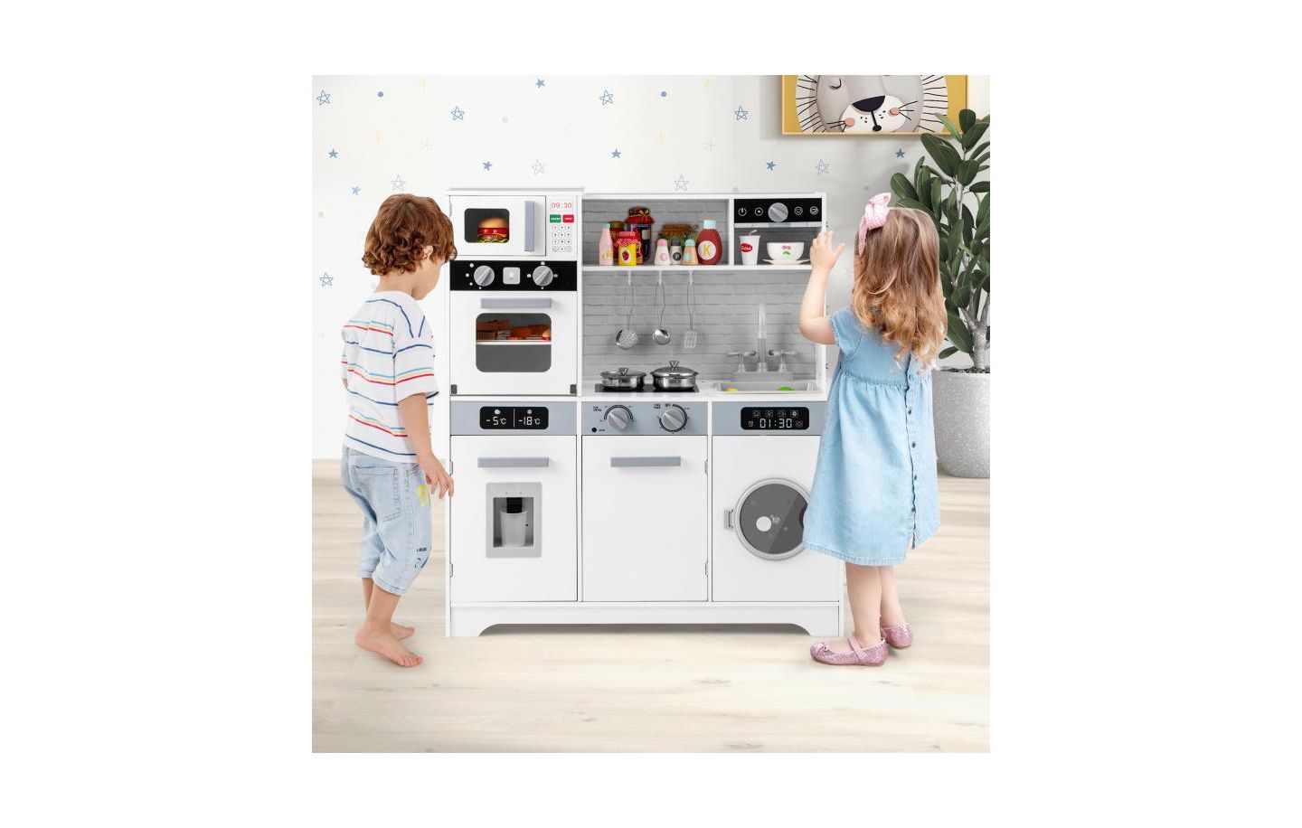 Детские игрушки HONGGE Pretend Play Kitchen Wooden Toy Set with Real Lights and Sounds, цвет: Белый — фото 4