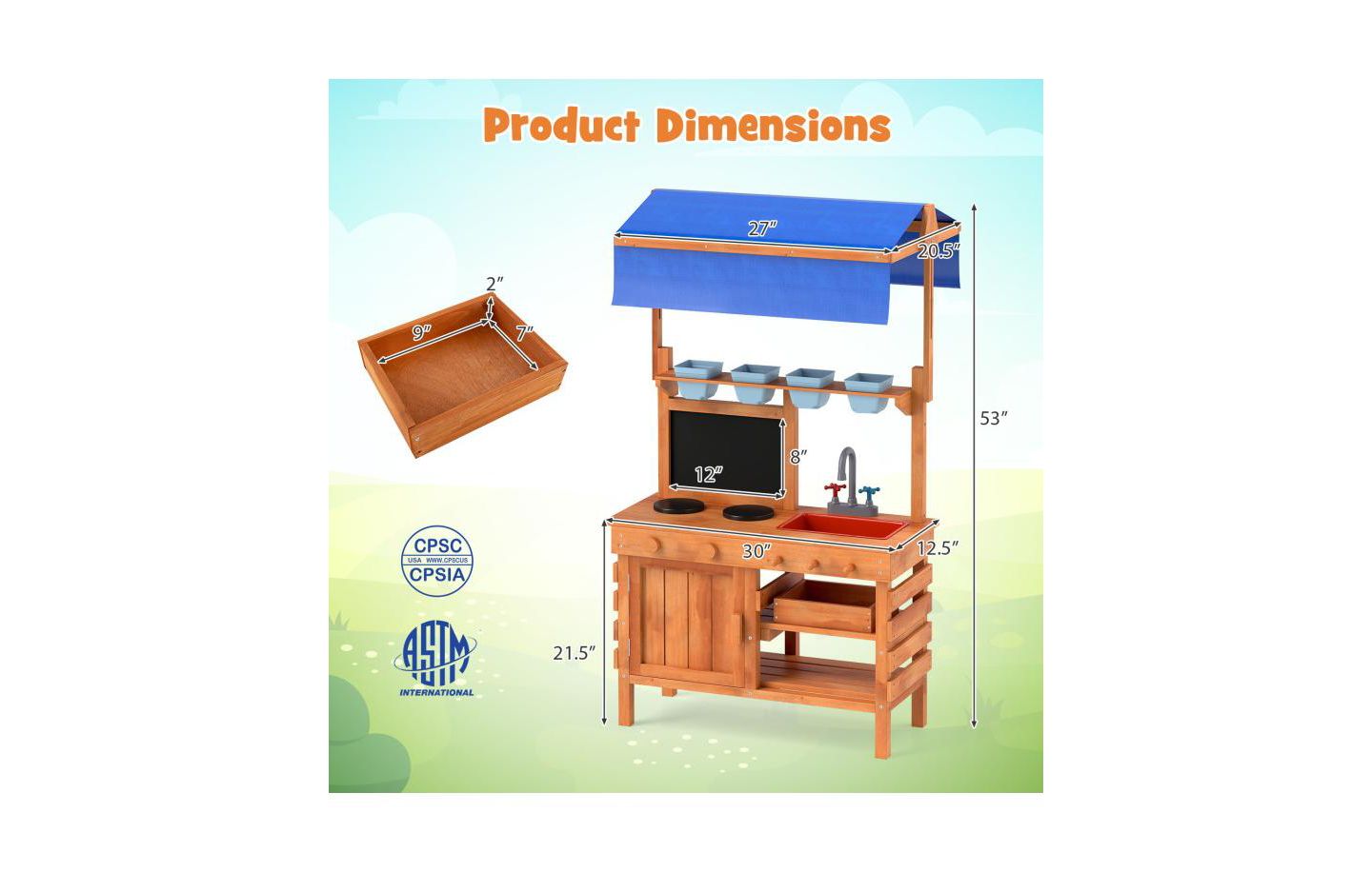 Детская игрушка HONGGE Wooden Adjustable-Canopy Pretend Play Kitchen with Accessories, Ages 3+, цвет: Натуральный — фото 3