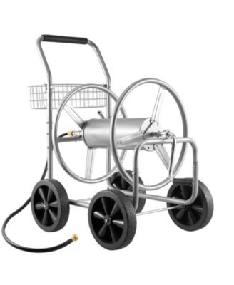 Mobile Steel Hose Reel Cart with Storage Basket Holds Up to 250 ft of Hose