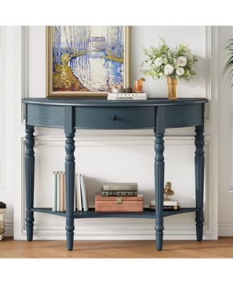 Farmhouse Curved Console Table, Half Moon Accent Table with Storage Drawer and Lower Shelf, Sofa Table for Entryway, Living Room