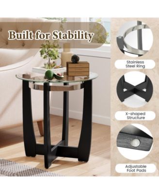 24 in Round Accent Side Table with Tempered Glass Top and Rubber Wood Base