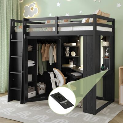 Loft Bed w/Wardrobe, Desk, Charging and Lights
