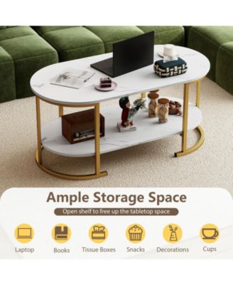 Oval 2-Tier Coffee Table with Open Storage Shelf