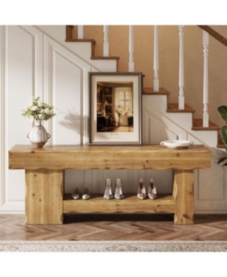 Solid Wood Shoe Rack Bench, 63" Farmhouse Entryway Bench with Storage Shelf, Shoe Storage Organizer, Wide Rustic Bench