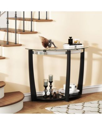 2-Tier Tempered Glass Half-Moon Console Table with Open Shelf, 40 x 16 x 30 in