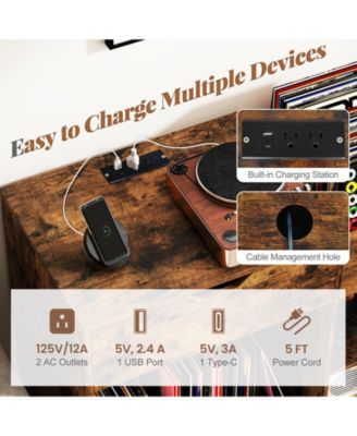 Record Player Stand with Power Outlet and Vinyl Storage Cubby, 31.5 x 16 x 31 in