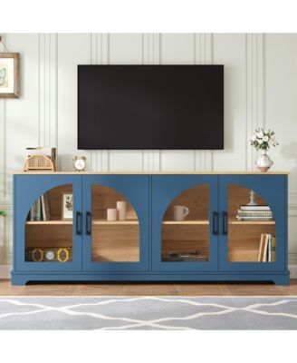 Farmhouse TV Stand for TVs , Two-Tone Media Console Table with Semi-Arched Glass Doors and Cable Management for Living Room