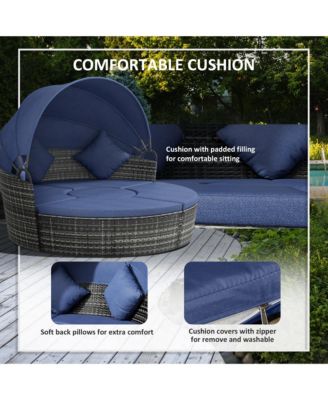 Rat Daybed Patio Furniture Set w/ Adjustable Canopy, Dark