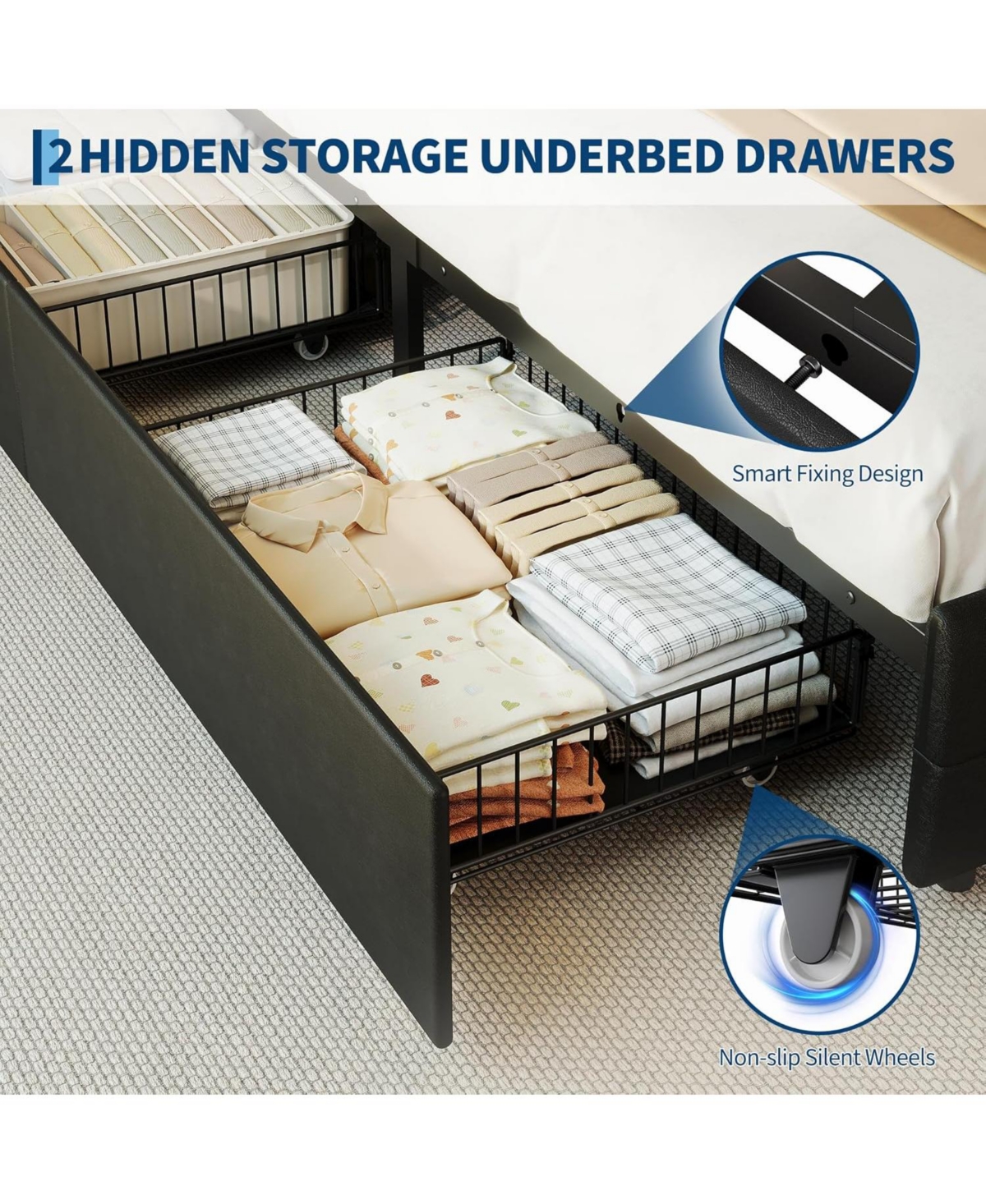 gaomon Full Bed Frame with 2 Storage Drawers, Upholstered Led Light