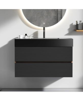 Wall Mounted Bathroom Vanity with Sink, Double Soft Close Drawers, Floating Mid Century Modern Storage