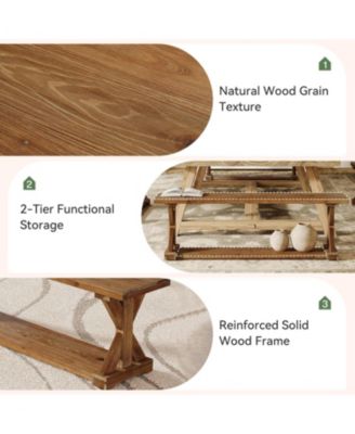 Solid Wood Dining Bench, Rustic Farmhouse Bench for Dining Table, 2-Tier Wooden Storage Seat