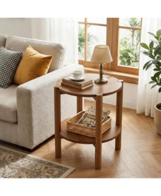 2-Tier Solid Wood Round Side Table, Farmhouse Rustic Nightstand, Small End Table