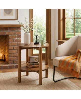 2-Tier Solid Wood Round Side Table, Farmhouse Rustic Nightstand, Small End Table