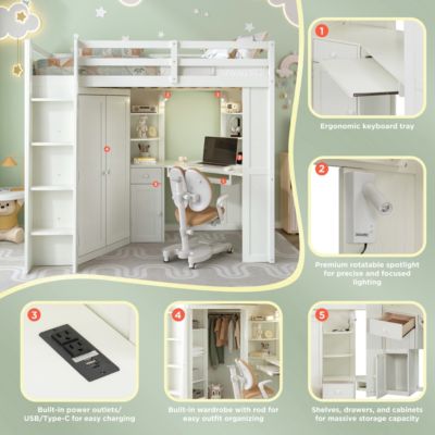 Loft Bed with Wardrobe and Desk, Charging, Lights