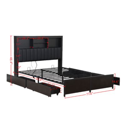 King Bed Frame w/ Storage Headboard, LED, Charging, 4 Drawers, Metal