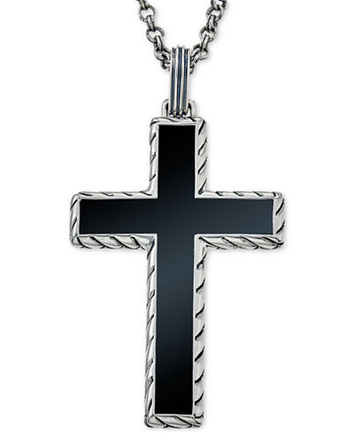 Esquire Men's Jewelry Onyx (40 x 27-1/2mm) Cross Pendant Necklace in Sterling Silver, Only at Macy's
