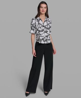 Petite Bow Print Collared Blouse