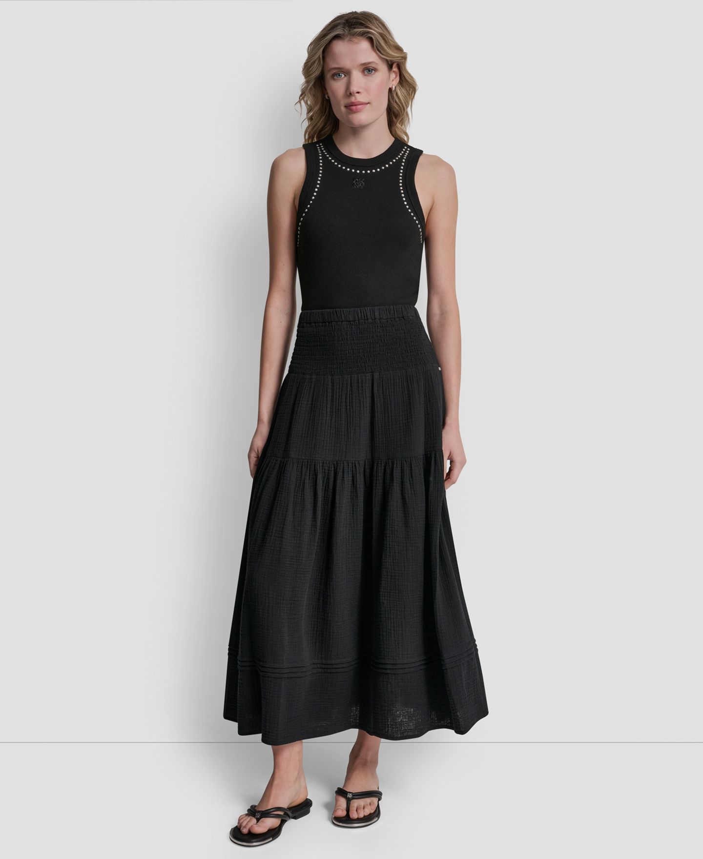 Женская юбка DKNY Jeans Smocked-Waist Tiered Maxi, цвет: Чёрный — фото 2