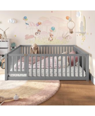 Full Size Bed Floor Bed with Safety Guardrails and Door for Kids