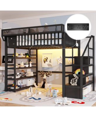  Full Loft Bed w/ 4-Shelf Storage and Charging Station