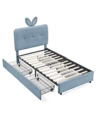 Twin Rabbit Ear Upholstered Bed w/LED and 4 Drawers