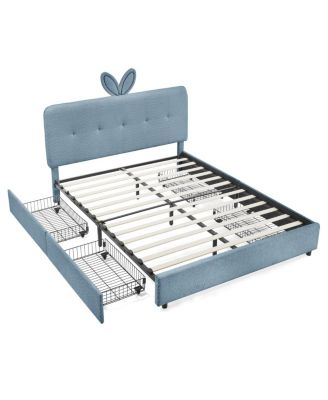Kids Upholstered Bed w/ Rabbit Headboard, LED and Drawers