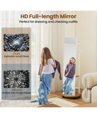 Freestanding Coat Rack with Full-Length Mirror, 3 Hooks and Storage Shelves on Wheels