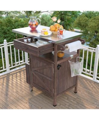 40.5inch Outdoor Grill Cart with Stainless Steel Top, Solid Wood Storage Cabinet with Drop Leaf, Drawer, Towel Rack and Lockable Wheels