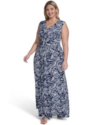Jessica Howard Plus Size Sleeveless Tuck Front V-Neck Maxi Dress - Navy Ivory - Size 16W