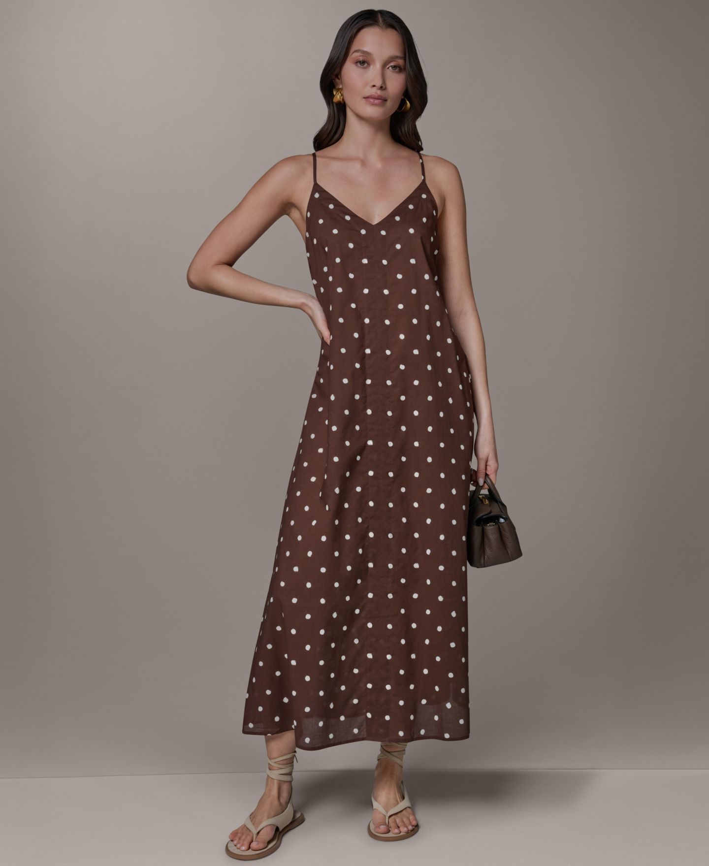 Женское платье Donna Karan Weekend Cotton Voile Dot Print Elastic Back V-Neck Spaghetti Strap Maxi, цвет: Кремовый — фото 7