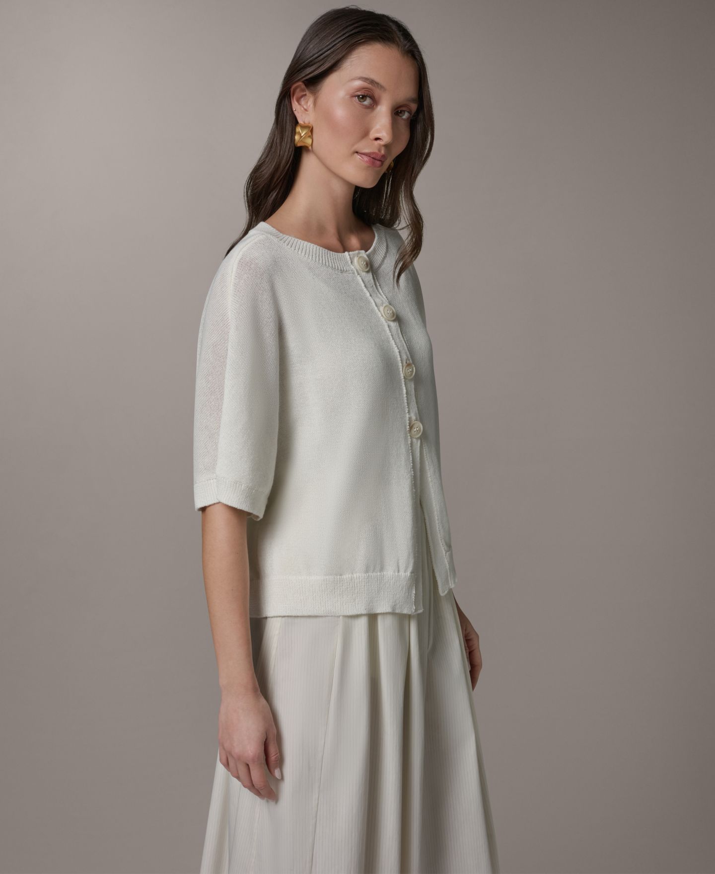 Женский кардиган Donna Karan Weekend Crewneck Cardigan, цвет: Кремовый — фото 4