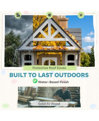 Outdoor Playhouse, Wooden Kids Playhouse with Dog Door, Cookware, Bell